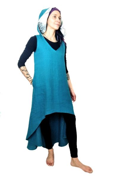 Lniana sukienka (turkusowa - ważki - kaptur) - S/M